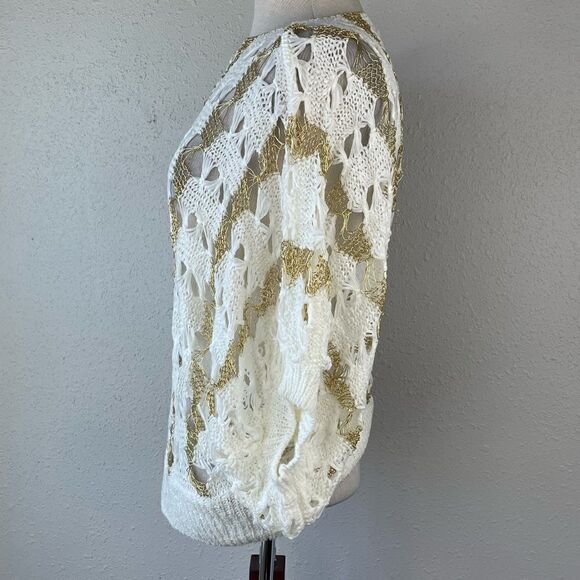 EUC Mechant Womens Woven White and Gold 3/4 Sleeve Sweater Size S - Picture 3 of 6